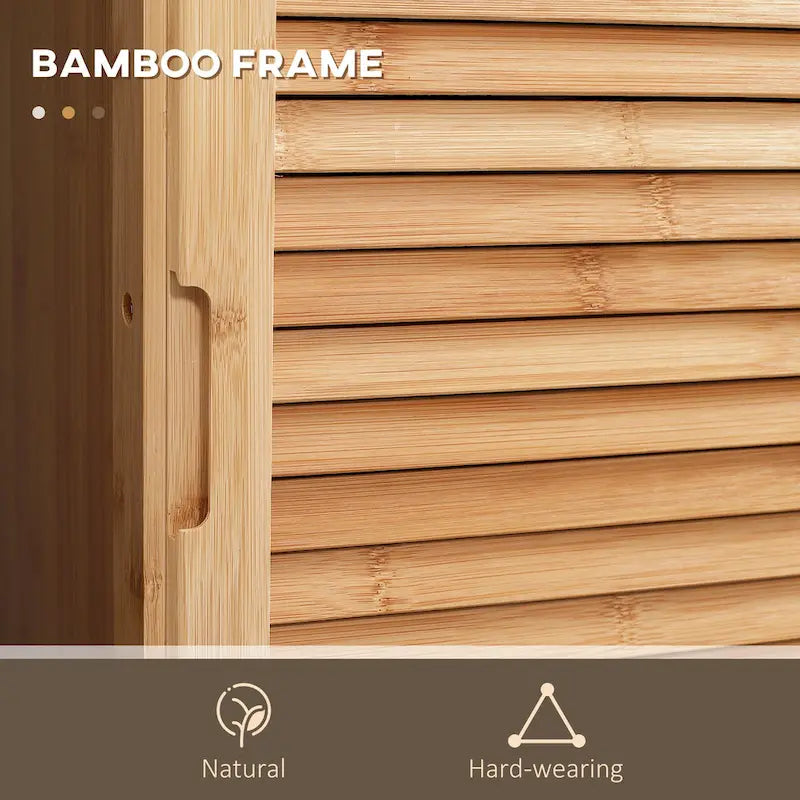 Meuble Colonne de Salle de Bain Haut avec Tiroir et Étagères à Lattes, Tour de Rangement Étroite en Bambou avec Porte Persiennée