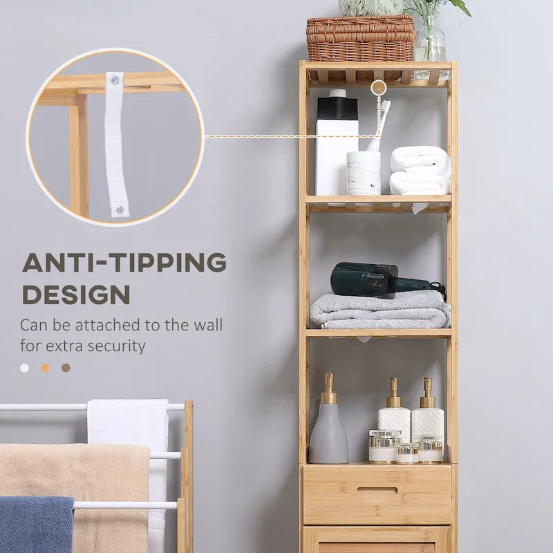 Meuble Colonne de Salle de Bain Haut avec Tiroir et Étagères à Lattes, Tour de Rangement Étroite en Bambou avec Porte Persiennée