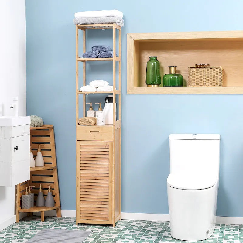Meuble Colonne de Salle de Bain Haut avec Tiroir et Étagères à Lattes, Tour de Rangement Étroite en Bambou avec Porte Persiennée