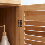 Meuble Colonne de Salle de Bain Haut avec Tiroir et Étagères à Lattes, Tour de Rangement Étroite en Bambou avec Porte Persiennée