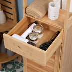 Meuble Colonne de Salle de Bain Haut avec Tiroir et Étagères à Lattes, Tour de Rangement Étroite en Bambou avec Porte Persiennée
