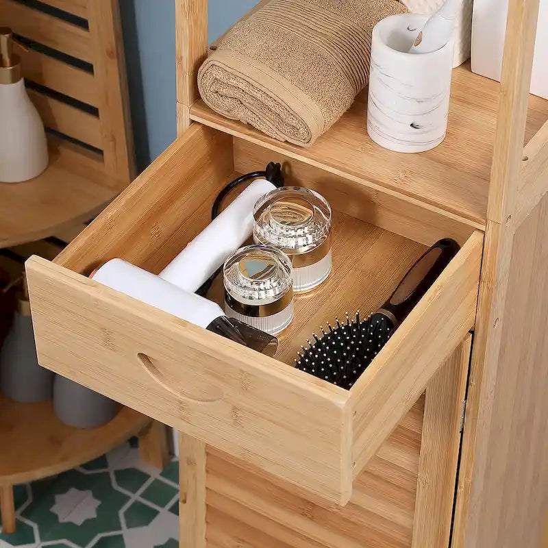Meuble Colonne de Salle de Bain Haut avec Tiroir et Étagères à Lattes, Tour de Rangement Étroite en Bambou avec Porte Persiennée