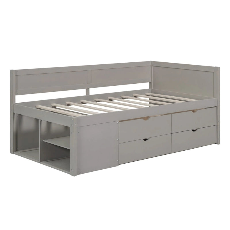 Lit de repos une place avec tiroirs et étagères, Gris