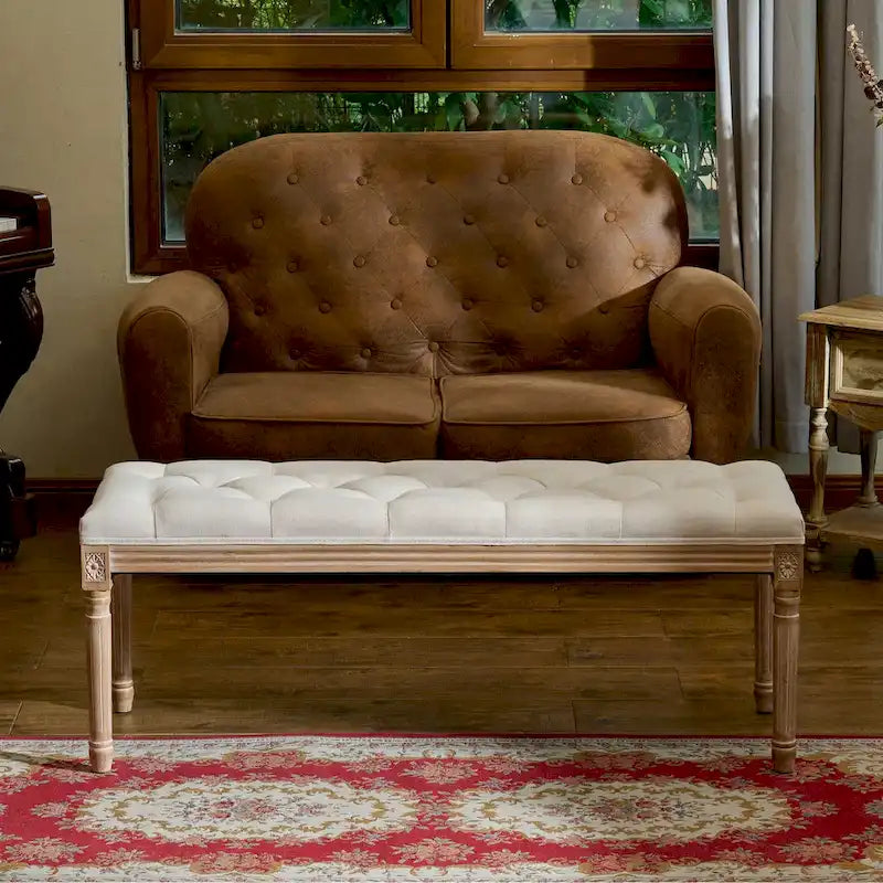 Banc vintage français extra long tapissé avec cadre en bois sculpté