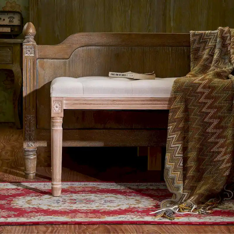 Banc vintage français extra long tapissé avec cadre en bois sculpté