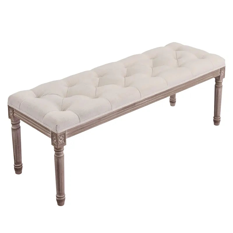 Banc vintage français extra long tapissé avec cadre en bois sculpté
