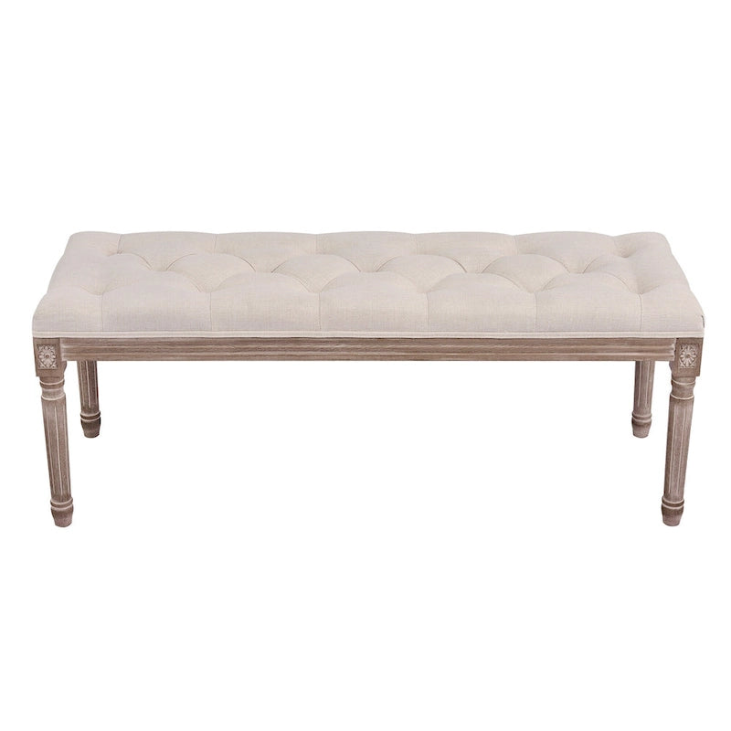 Banc vintage français extra long tapissé avec cadre en bois sculpté