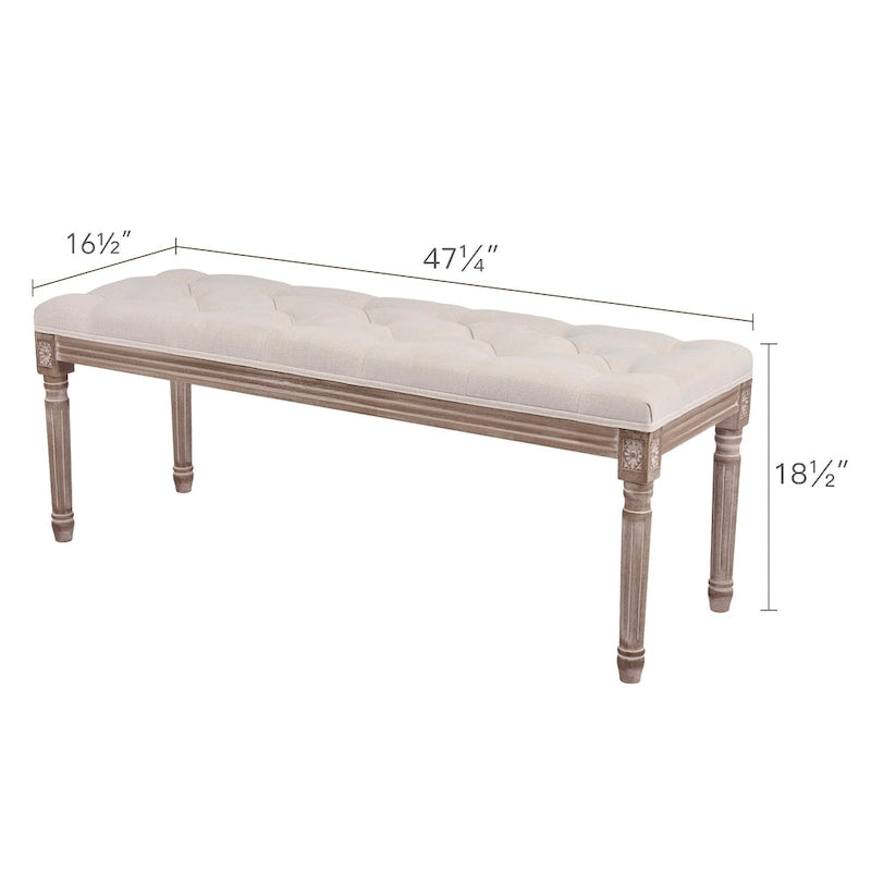 Banc vintage français extra long tapissé avec cadre en bois sculpté