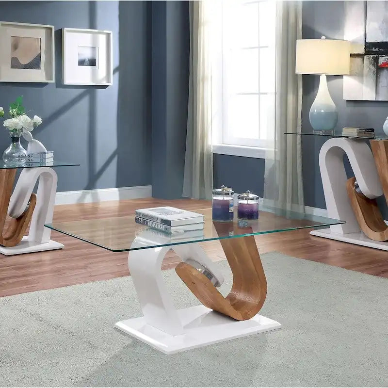 Ensemble de 2 tables basses Tong contemporaines blanches et naturelles de 119 cm de large avec plateau en verre, par Furniture of America