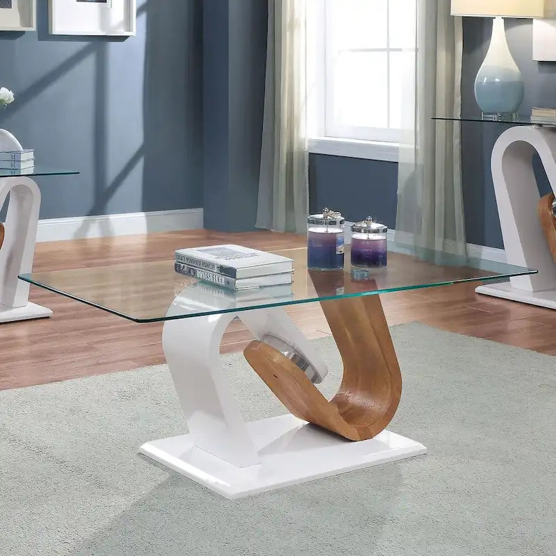 Ensemble de 2 tables basses Tong contemporaines blanches et naturelles de 119 cm de large avec plateau en verre, par Furniture of America