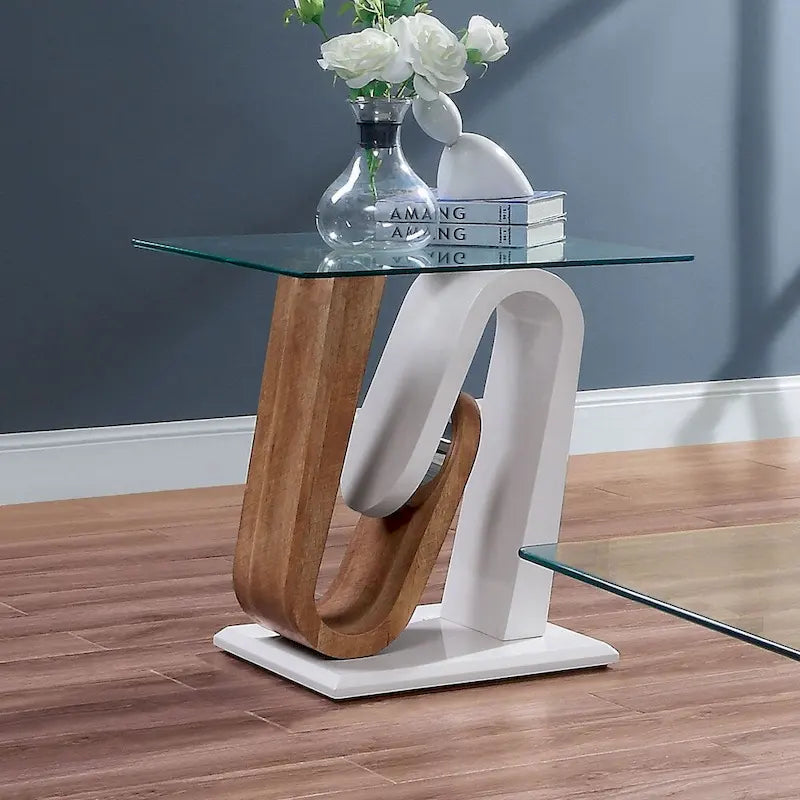 Ensemble de 2 tables basses Tong contemporaines blanches et naturelles de 119 cm de large avec plateau en verre, par Furniture of America