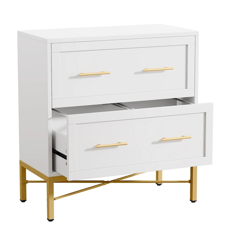 Classeur de 32 pouces, meuble de classement latéral moderne à 2 tiroirs pour format lettre/légal/A4, pour bureau à domicile, blanc doré