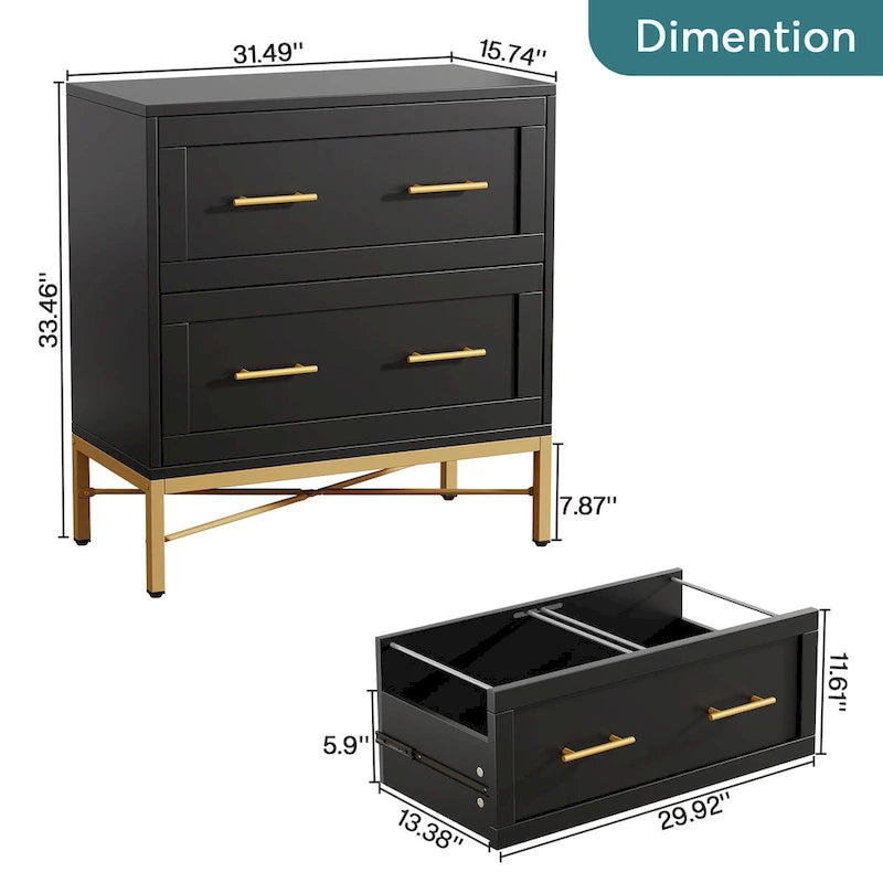 Classeur de 32 pouces, meuble de classement latéral moderne à 2 tiroirs pour format lettre/légal/A4, pour bureau à domicile, blanc doré
