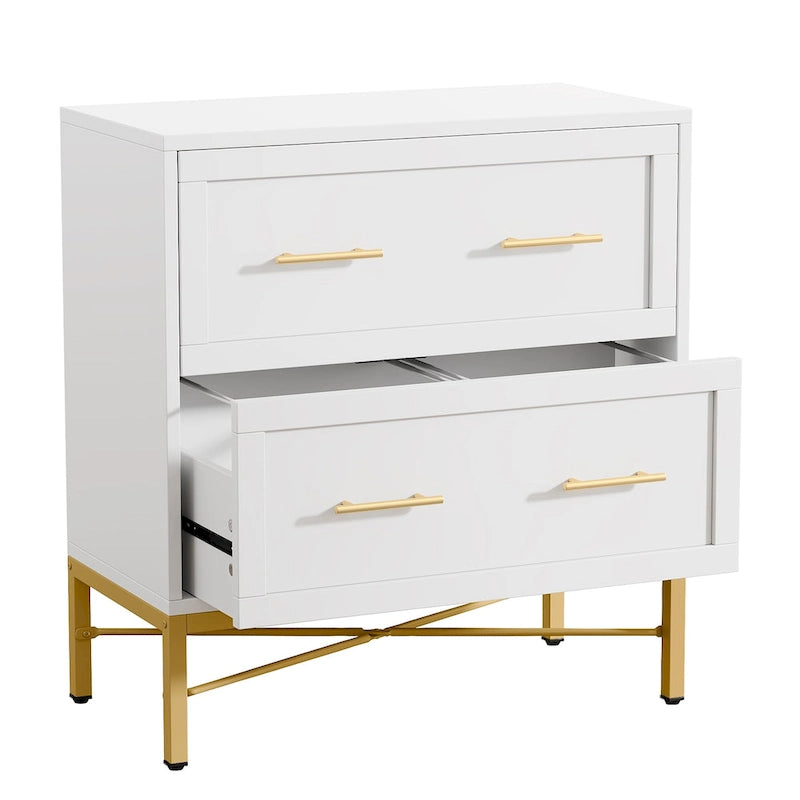 Classeur de 32 pouces, meuble de classement latéral moderne à 2 tiroirs pour format lettre/légal/A4, pour bureau à domicile, blanc doré