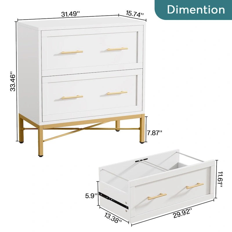 Classeur de 32 pouces, meuble de classement latéral moderne à 2 tiroirs pour format lettre/légal/A4, pour bureau à domicile, blanc doré