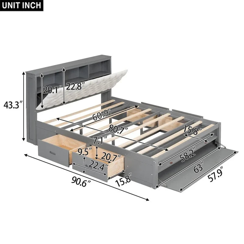 Lit plateforme queen en bois avec porte-chaussures et tiroirs