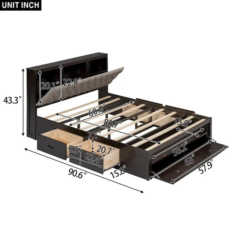 Lit plateforme queen en bois avec porte-chaussures et tiroirs
