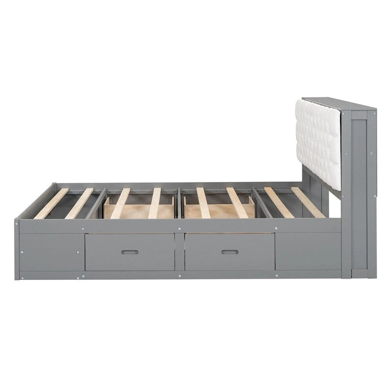 Lit plateforme queen en bois avec porte-chaussures et tiroirs