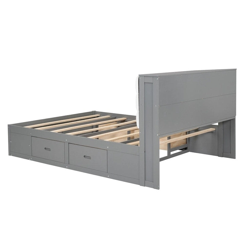 Lit plateforme queen en bois avec porte-chaussures et tiroirs