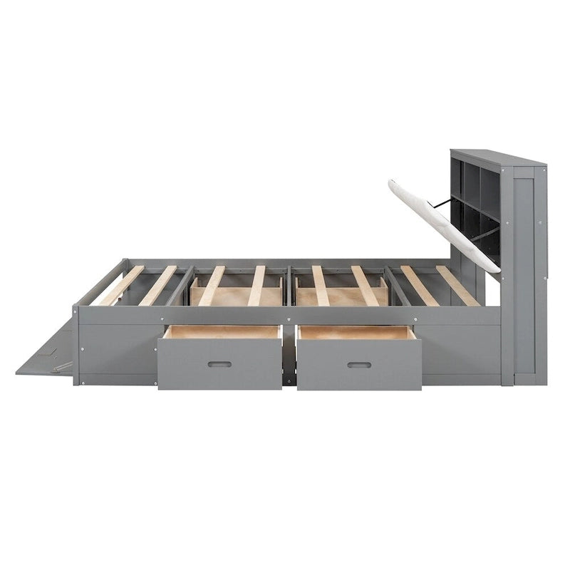 Lit plateforme queen en bois avec porte-chaussures et tiroirs