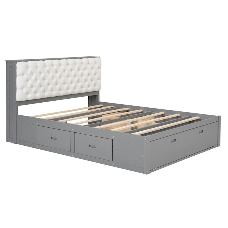 Lit plateforme queen en bois avec porte-chaussures et tiroirs