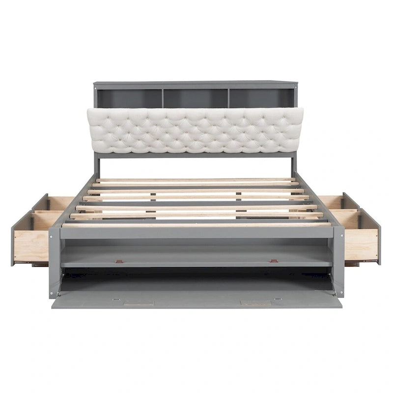Lit plateforme queen en bois avec porte-chaussures et tiroirs