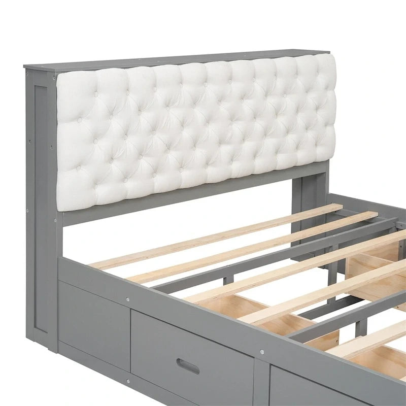 Lit plateforme queen en bois avec porte-chaussures et tiroirs