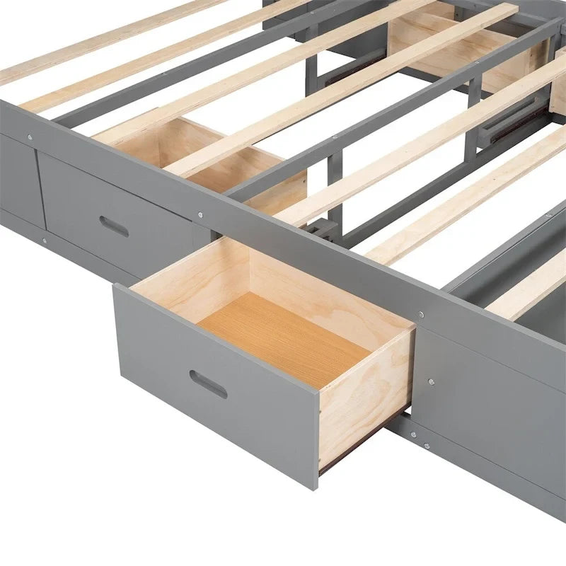 Lit plateforme queen en bois avec porte-chaussures et tiroirs