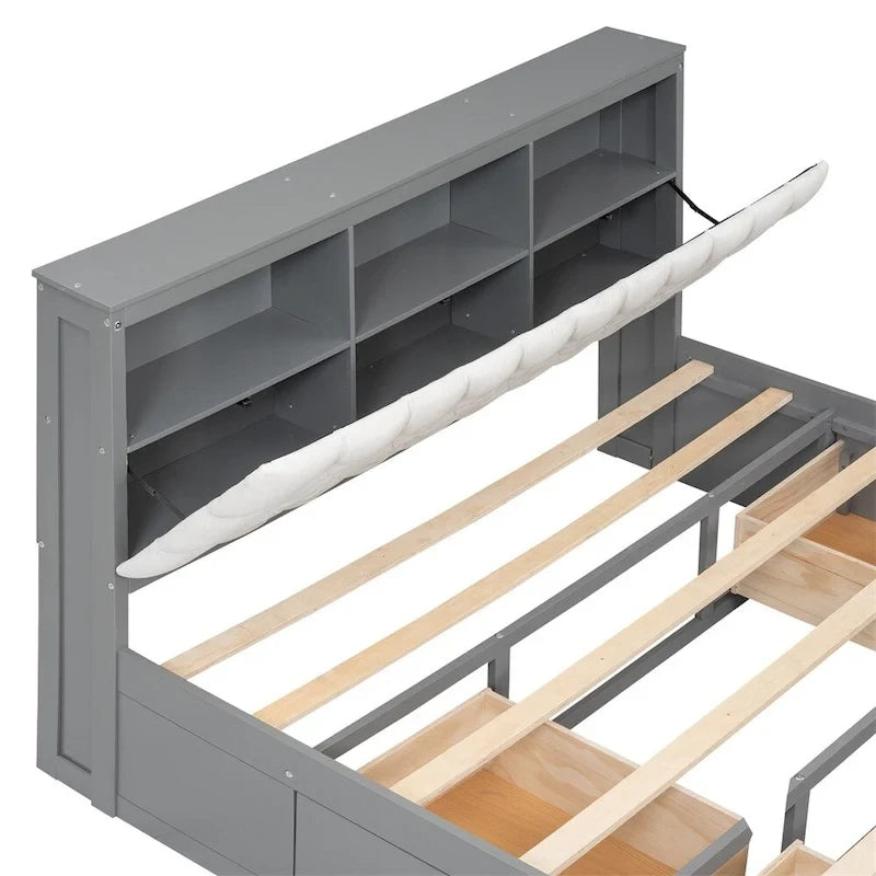Lit plateforme queen en bois avec porte-chaussures et tiroirs