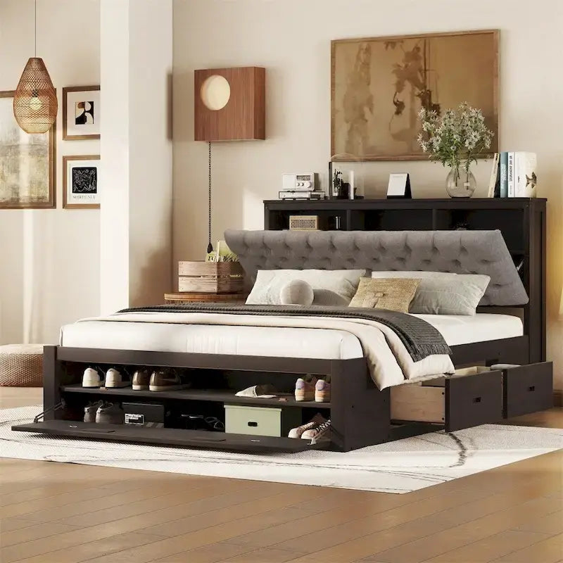 Lit plateforme queen en bois avec porte-chaussures et tiroirs