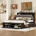 Lit plateforme queen en bois avec porte-chaussures et tiroirs