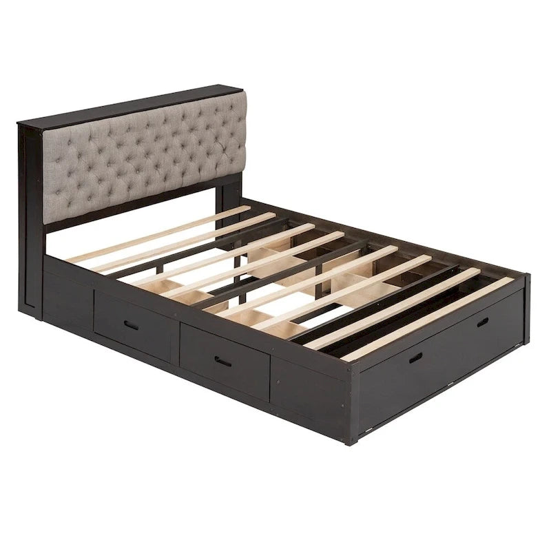 Lit plateforme queen en bois avec porte-chaussures et tiroirs