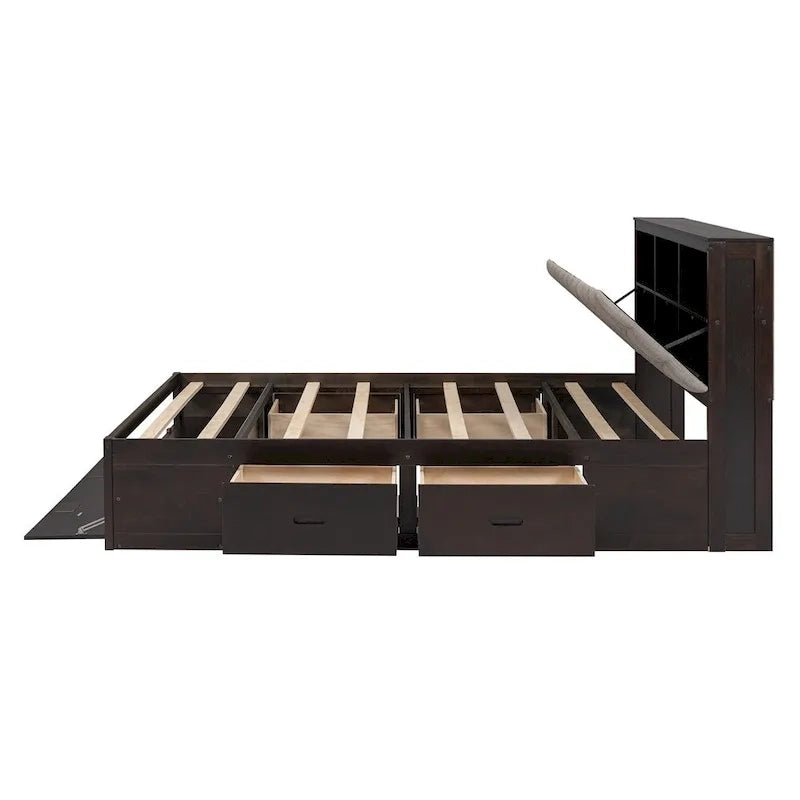 Lit plateforme queen en bois avec porte-chaussures et tiroirs