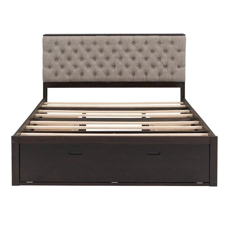 Lit plateforme queen en bois avec porte-chaussures et tiroirs