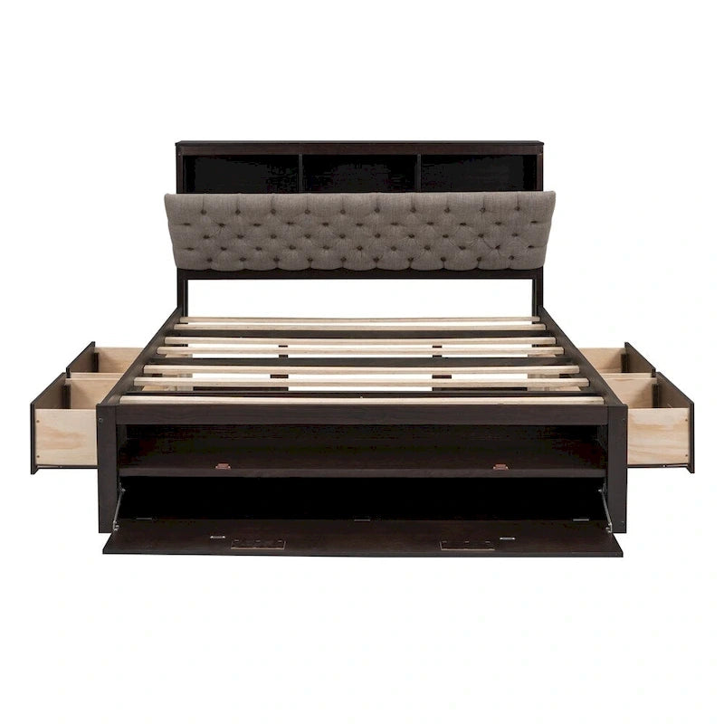 Lit plateforme queen en bois avec porte-chaussures et tiroirs