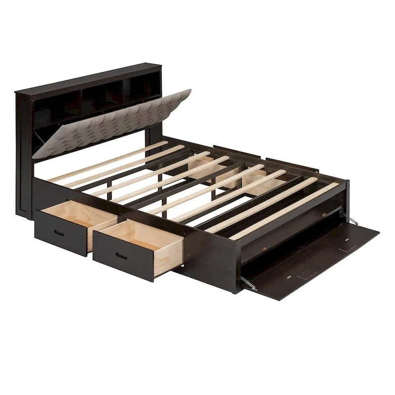 Lit plateforme queen en bois avec porte-chaussures et tiroirs