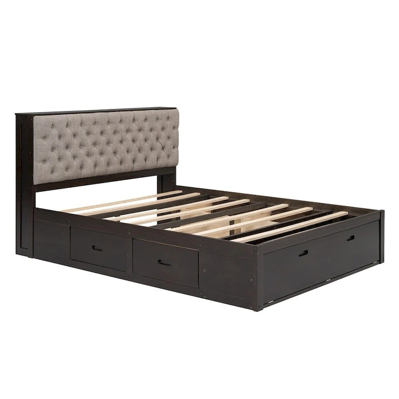 Lit plateforme queen en bois avec porte-chaussures et tiroirs