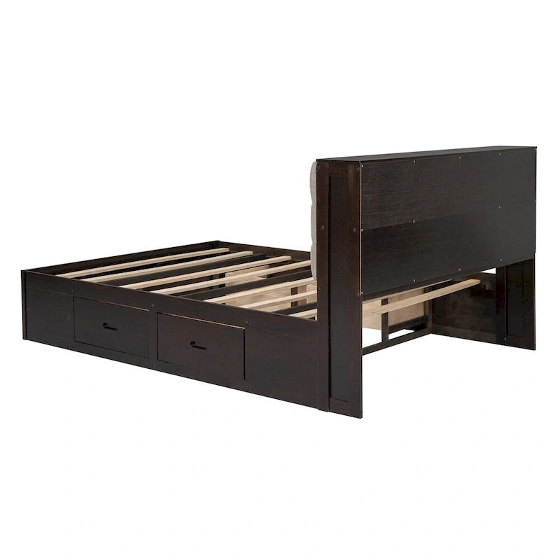 Lit plateforme queen en bois avec porte-chaussures et tiroirs