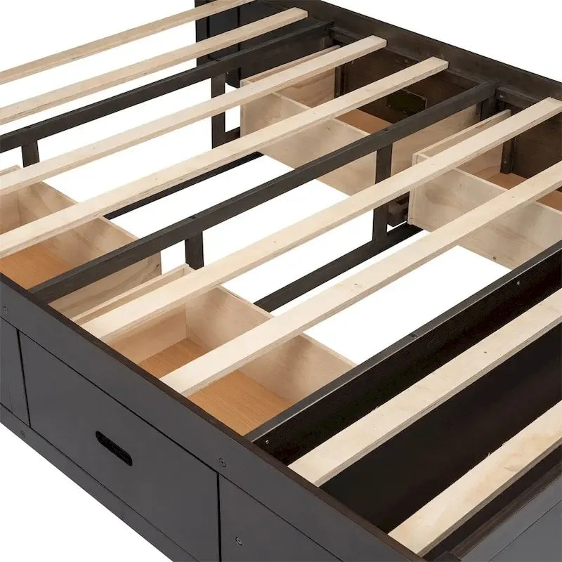 Lit plateforme queen en bois avec porte-chaussures et tiroirs