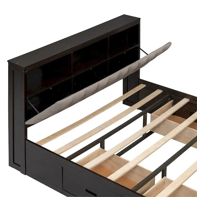 Lit plateforme queen en bois avec porte-chaussures et tiroirs