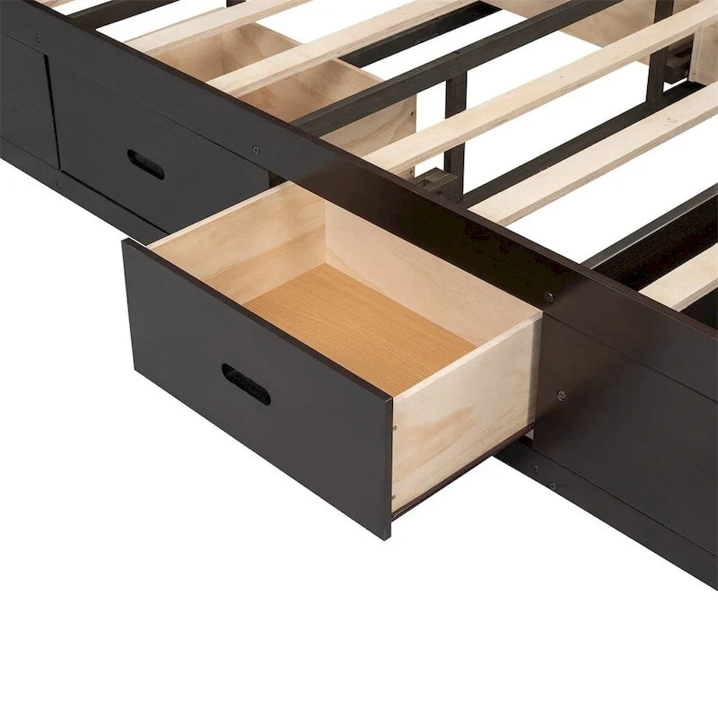 Lit plateforme queen en bois avec porte-chaussures et tiroirs