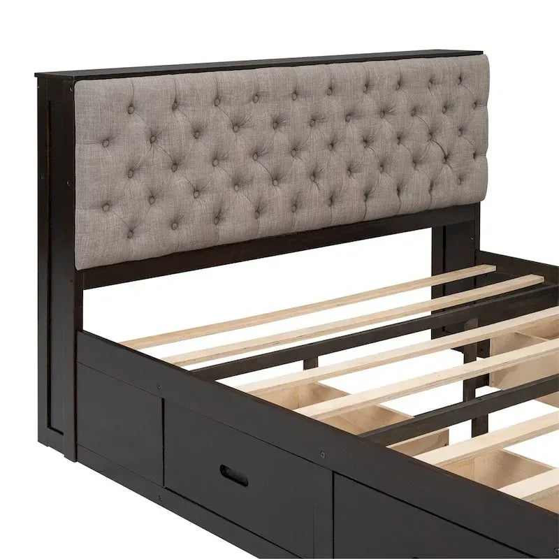 Lit plateforme queen en bois avec porte-chaussures et tiroirs