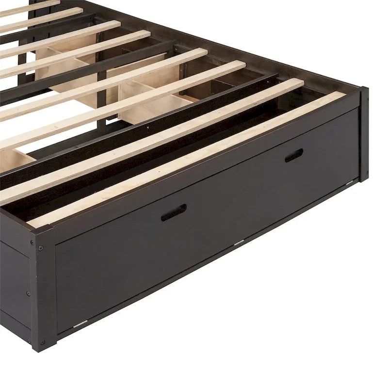 Lit plateforme queen en bois avec porte-chaussures et tiroirs
