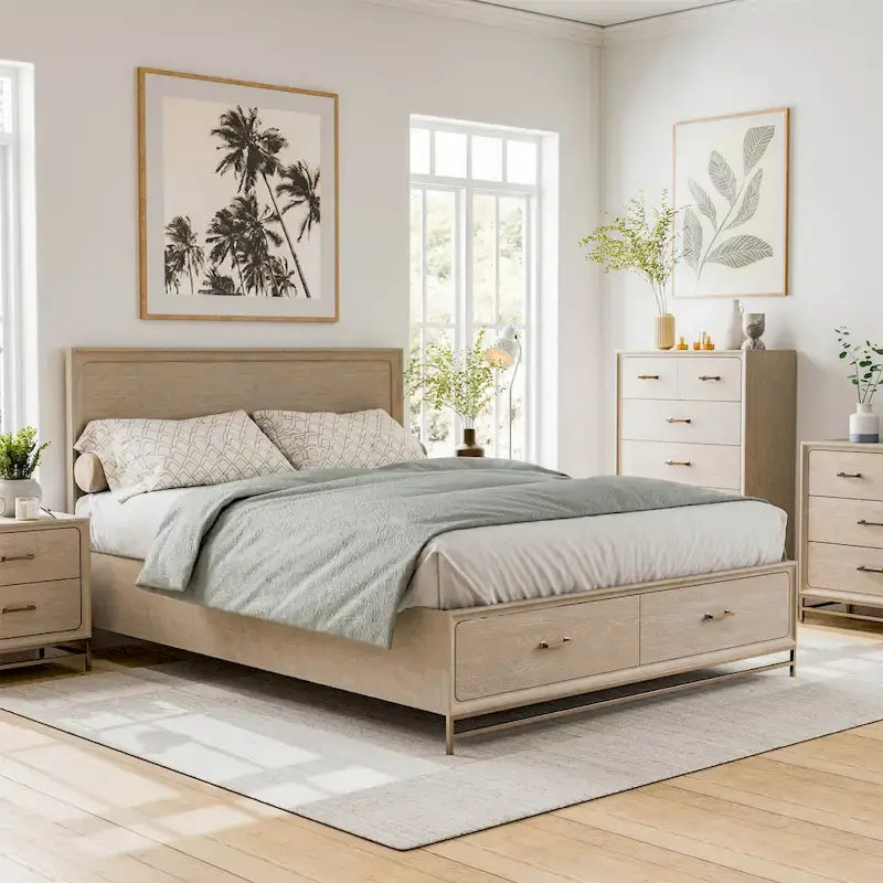 Drayden Transitional Solid Wood Platform Bed Frame with Footboard Drawers