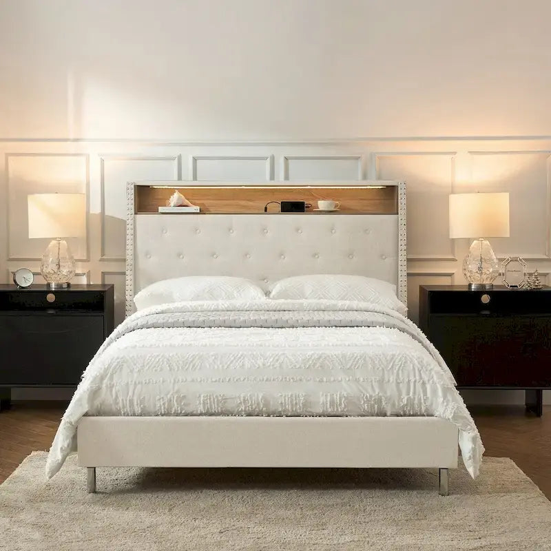Lit capitonné Jose Traditional 61,5 avec tête de lit de rangement et veilleuse chaude par