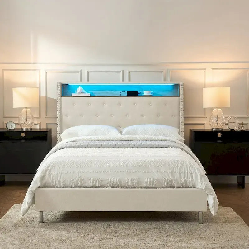 Lit capitonné Jose Traditional 61,5 avec tête de lit de rangement et veilleuse chaude par