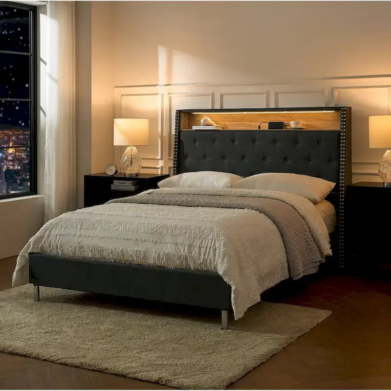 Lit capitonné Jose Traditional 61,5 avec tête de lit de rangement et veilleuse chaude par