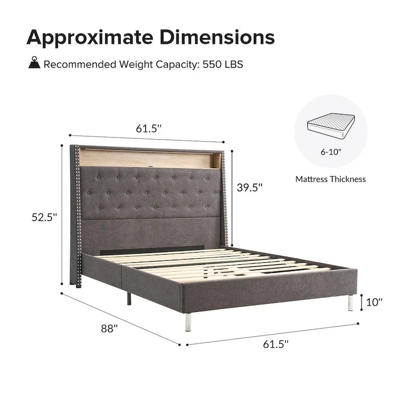 Lit capitonné Jose Traditional 61,5 avec tête de lit de rangement et veilleuse chaude par