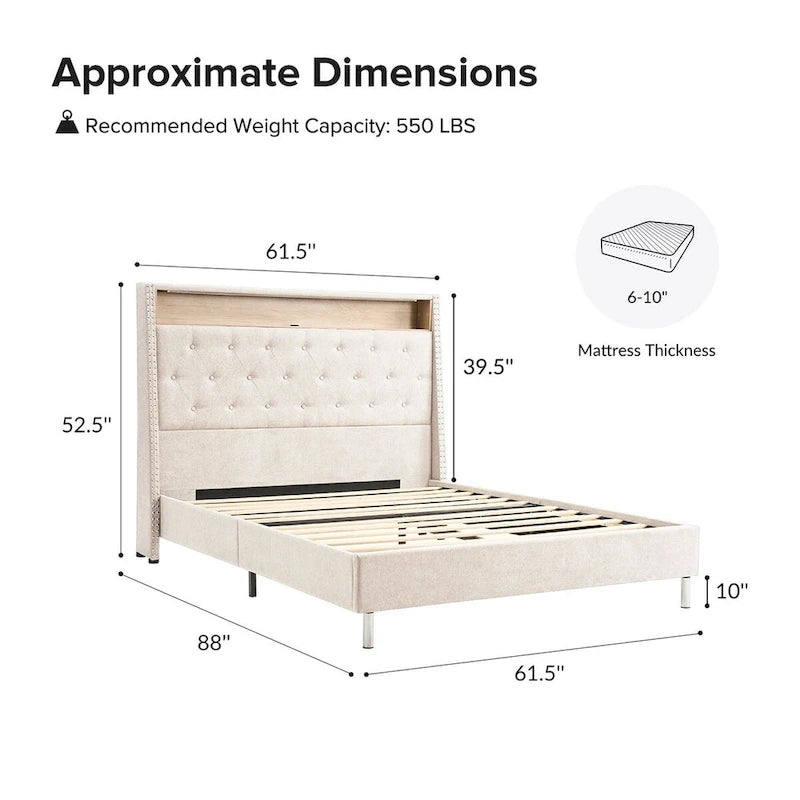 Lit capitonné Jose Traditional 61,5 avec tête de lit de rangement et veilleuse chaude par