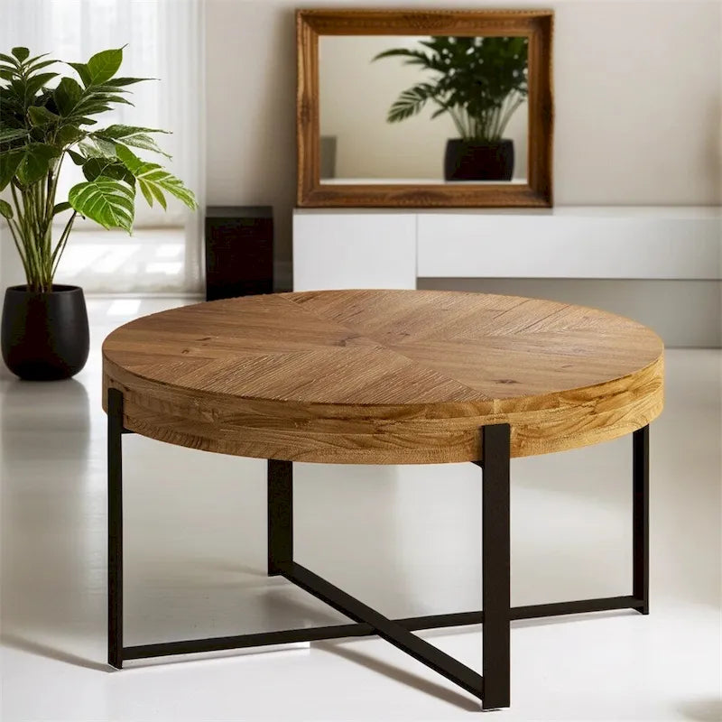 Table basse ronde en bois avec piètement en croix